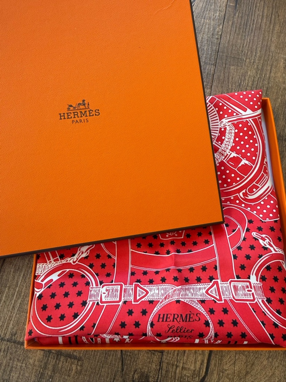 Hermès Carre 55 Apron Doll Red Silk Scarf